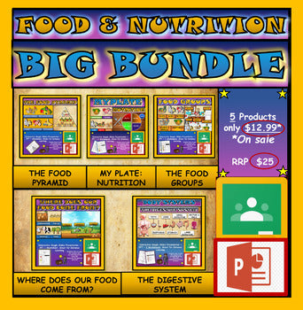 A: Food and Nutrition Bundle: 5 Google Slides Presentations + PPT's + Worksheets