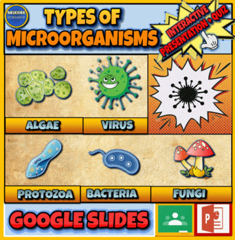 Types Of Microorganisms: |3rd-8th| Powerpoint + nteractive Google Slides + Printable Worksheet
